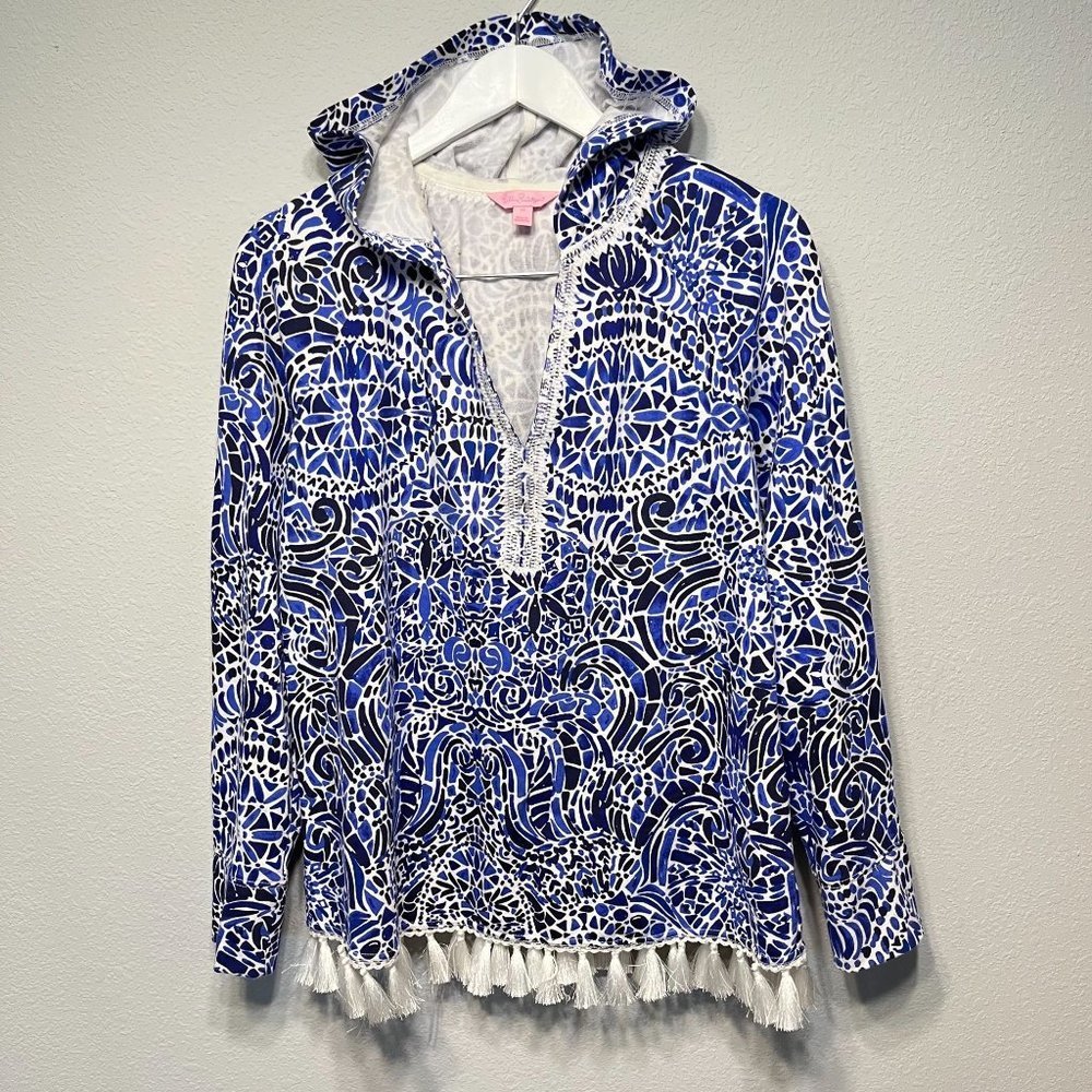 Lilly Pulitzer Blue White Printed Hooded Tassel Tunic